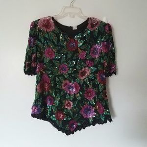 Vintage 80s Sequined Floral Trophy Top Blouse